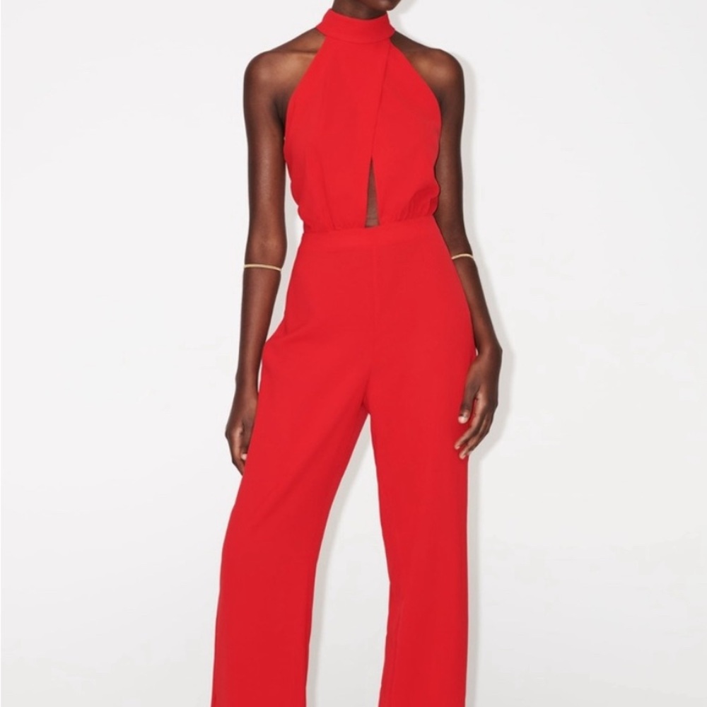 red jumpsuit, high neck